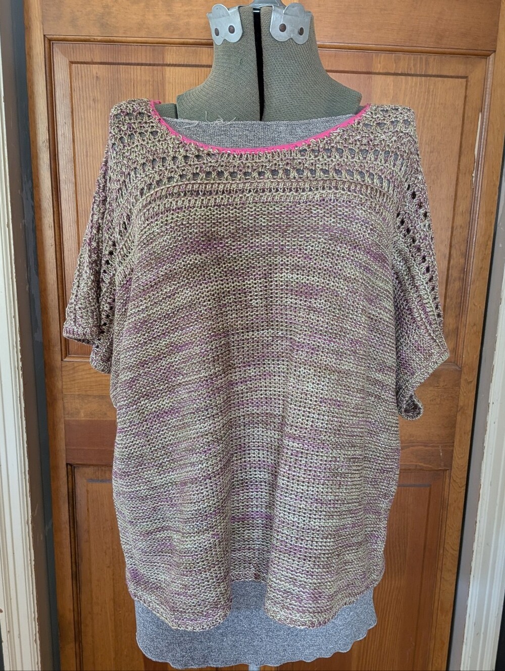 Coldwater Creek Heathered Olive and Pink Open-Knit Short Sleeve Sweater